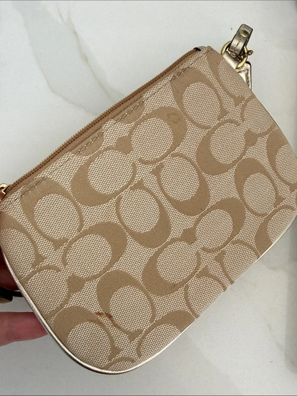 Coach Beige Signature Canvas Wristlet with Gold Hardware